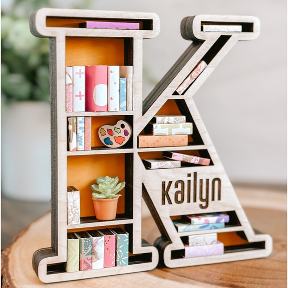 Mini Bookshelf, 3-D Wood Mini Bookshelf, Letter Bookshelf, Letter K - Picture 2 of 5